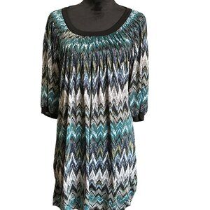 Rabbit Rabbit Rabbit Chevron Print Tunic Top Womens 3/4 Sleeve Black Trim Scoop